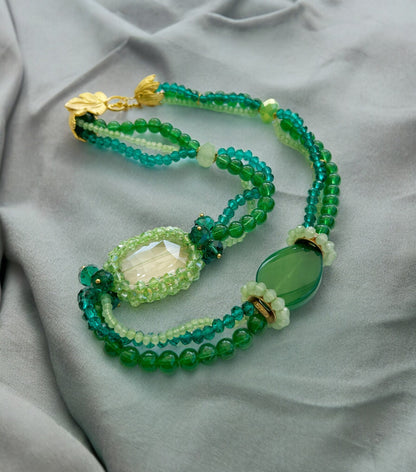 Layered Green Agate Boho Necklace | Ibiza-Inspired Multistrand Statement Jewelry