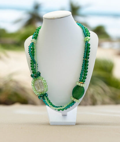 Layered Green Agate Boho Necklace | Ibiza-Inspired Multistrand Statement Jewelry