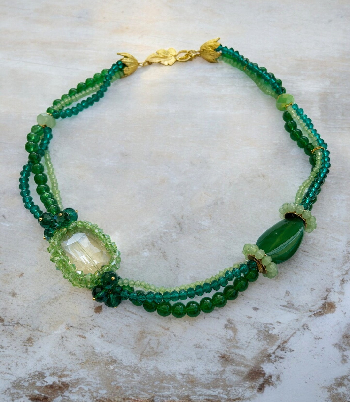 Layered Green Agate Boho Necklace | Ibiza-Inspired Multistrand Statement Jewelry