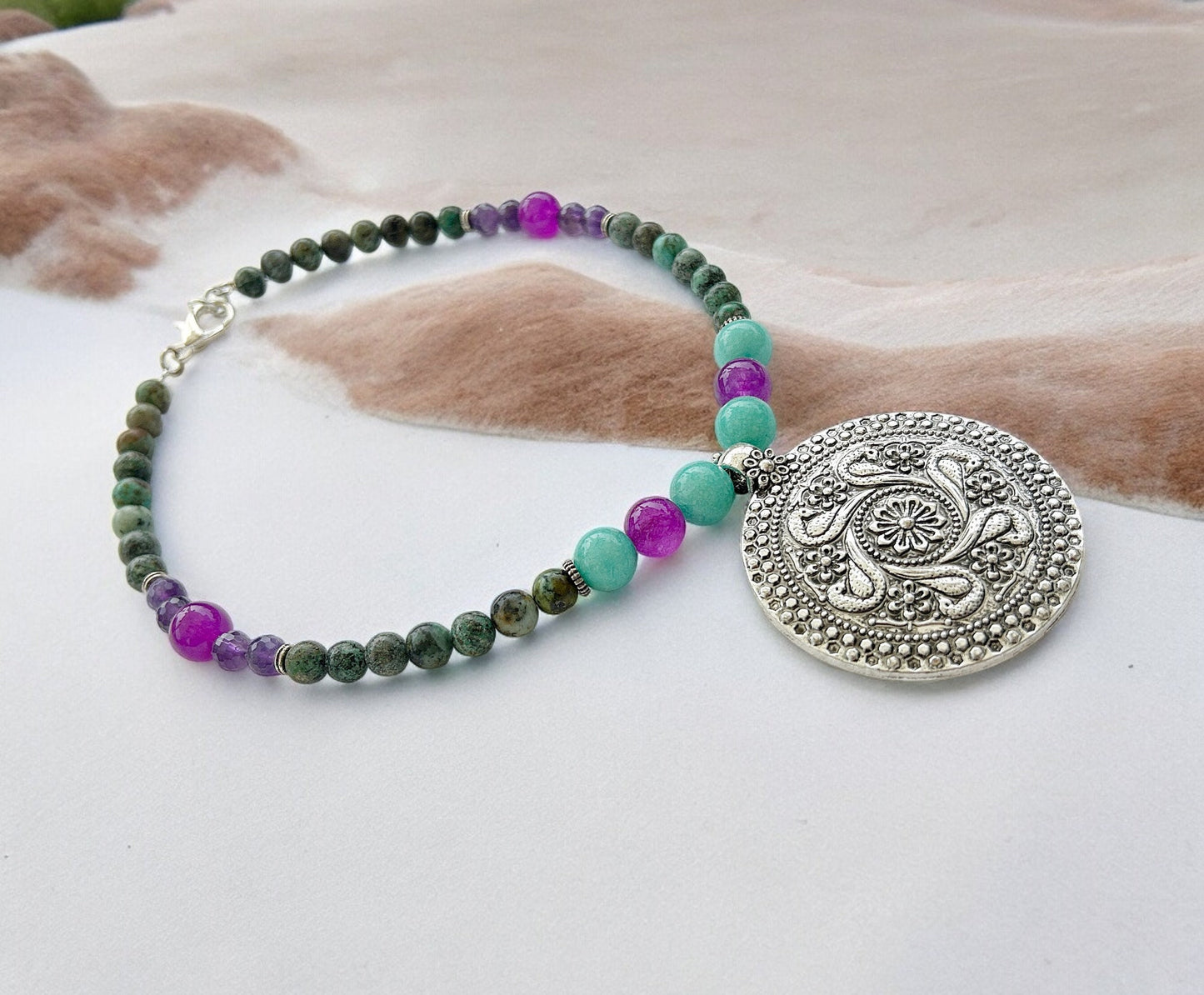 Boho Silver Necklace | Women's Pendant with Turquoise, Agate & Amethyst | Ibiza Style Jewelry