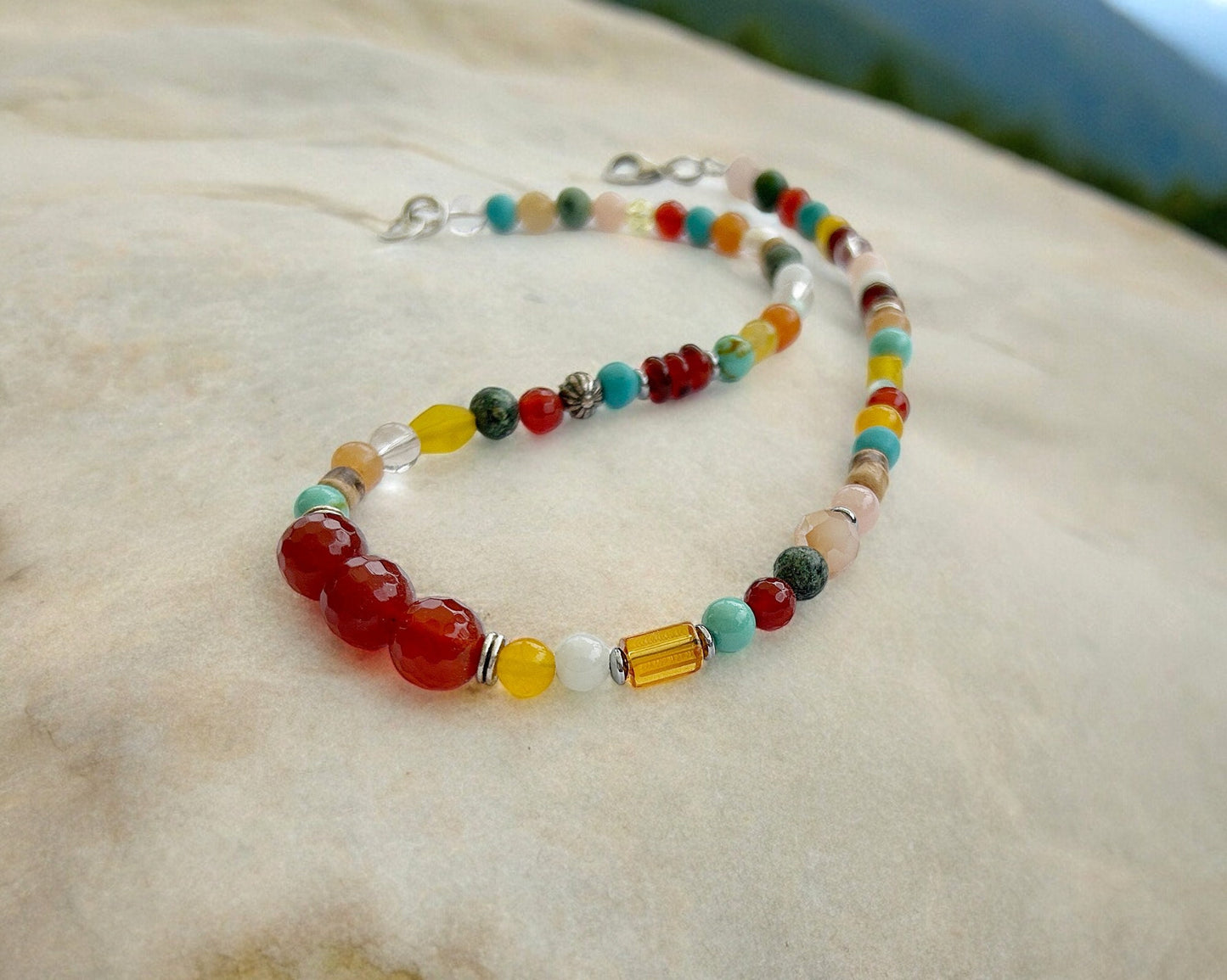 Colorful Boho Silver Necklace | Handmade Turquoise, Carnelian & Calcite Beaded Jewelry | Ibiza Style Women's Accessory