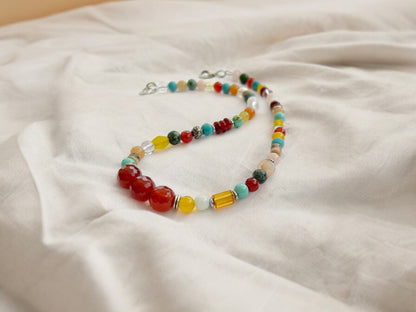 Colorful Boho Silver Necklace | Handmade Turquoise, Carnelian & Calcite Beaded Jewelry | Ibiza Style Women's Accessory