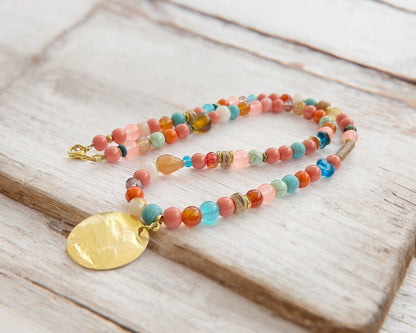 Colorful Boho Necklace with Turquoise, Agate & Amazonite | Handcrafted Ibiza Style Gold Pendant Jewelry