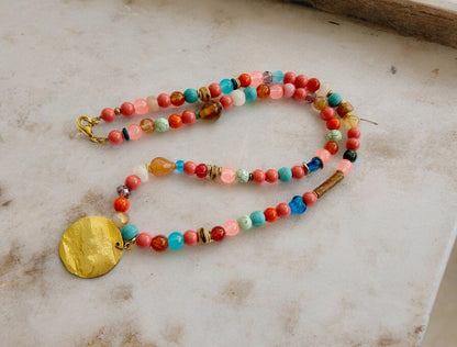 Colorful Boho Necklace with Turquoise, Agate & Amazonite | Handcrafted Ibiza Style Gold Pendant Jewelry