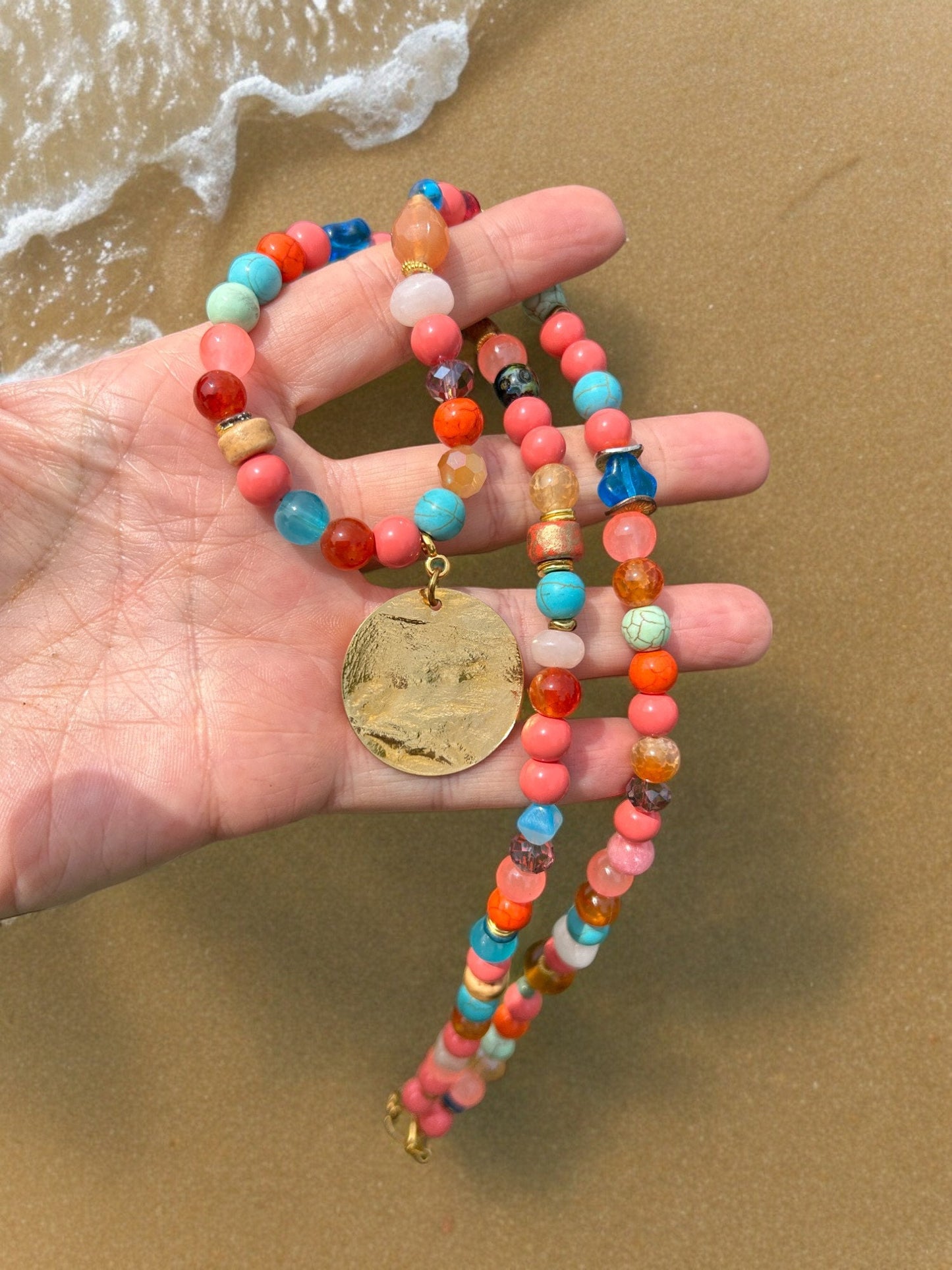 Colorful Boho Necklace with Turquoise, Agate & Amazonite | Handcrafted Ibiza Style Gold Pendant Jewelry