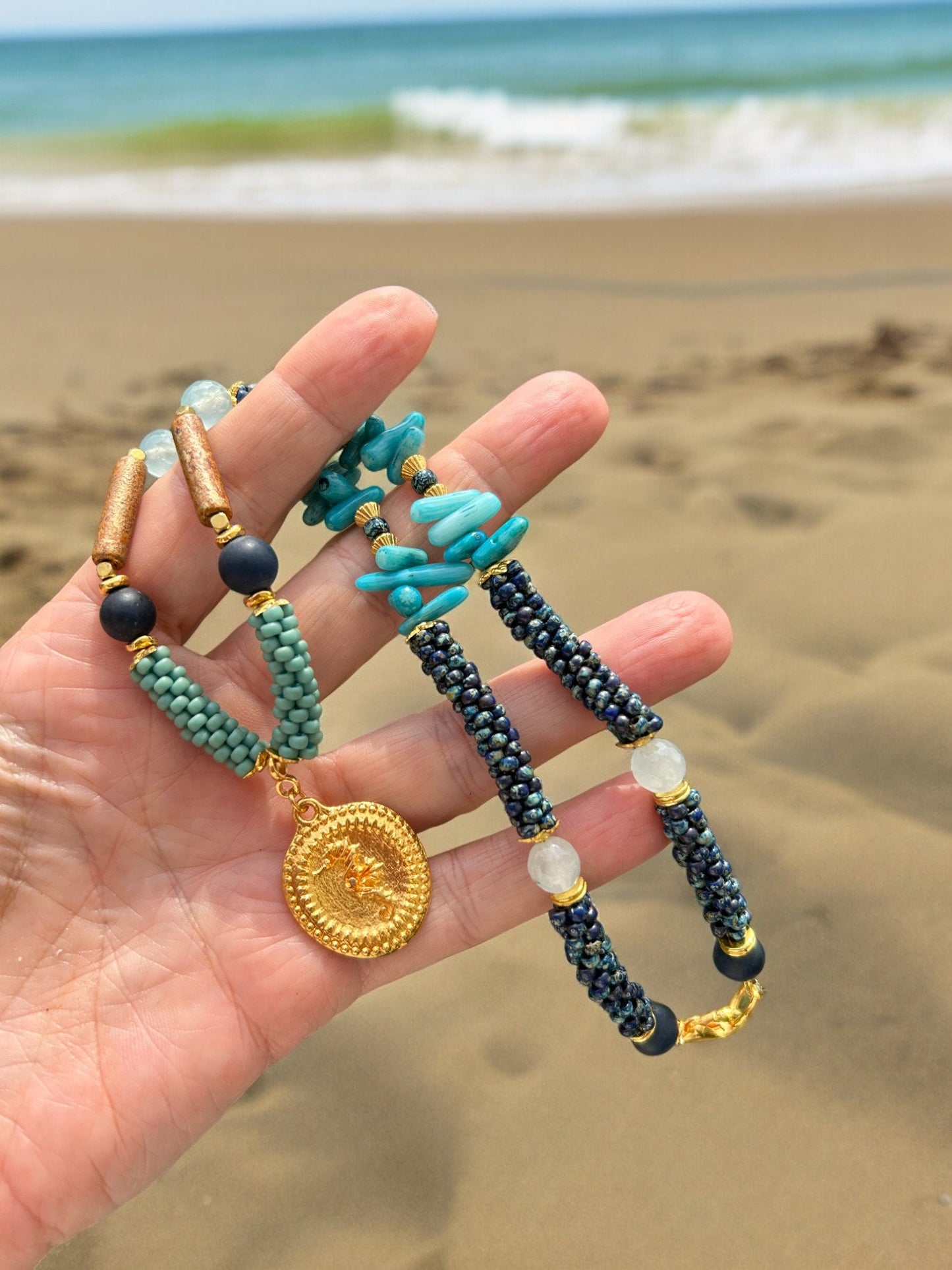 Handcrafted Boho Seahorse Necklace | Blue Chalcedony & Coral Beaded Jewelry | Ibiza-Inspired Gold-Plated Statement Piece