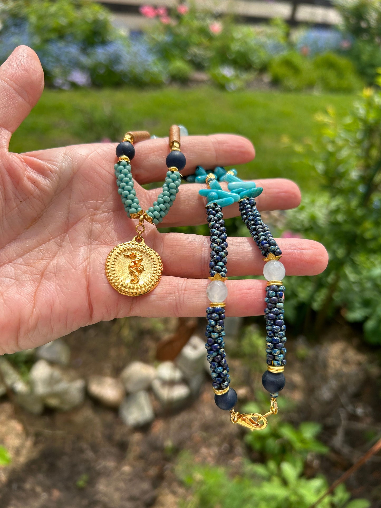 Handcrafted Boho Seahorse Necklace | Blue Chalcedony & Coral Beaded Jewelry | Ibiza-Inspired Gold-Plated Statement Piece