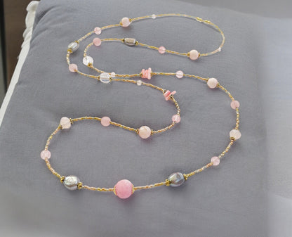 Rose Shell Gold Boho Pearl Necklace | Handcrafted Coral & Strawberry Quartz Ibiza-Style Jewelry for Women