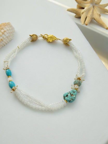 Boho Soleil Gold Necklace | Multi-Strand Turquoise & Pearl Statement Jewelry | Ibiza-Inspired Bohemian Elegance