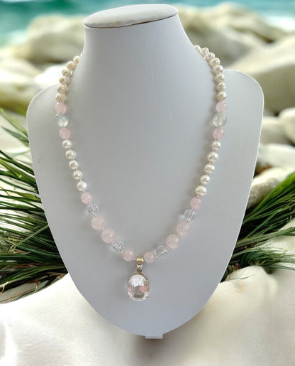 Sterling Silver Boho Pearl Necklace NINSAR | Mountain Crystal & Freshwater Pearls | Ibiza Style Jewelry