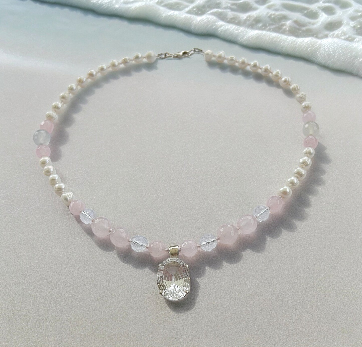 Sterling Silver Boho Pearl Necklace NINSAR | Mountain Crystal & Freshwater Pearls | Ibiza Style Jewelry