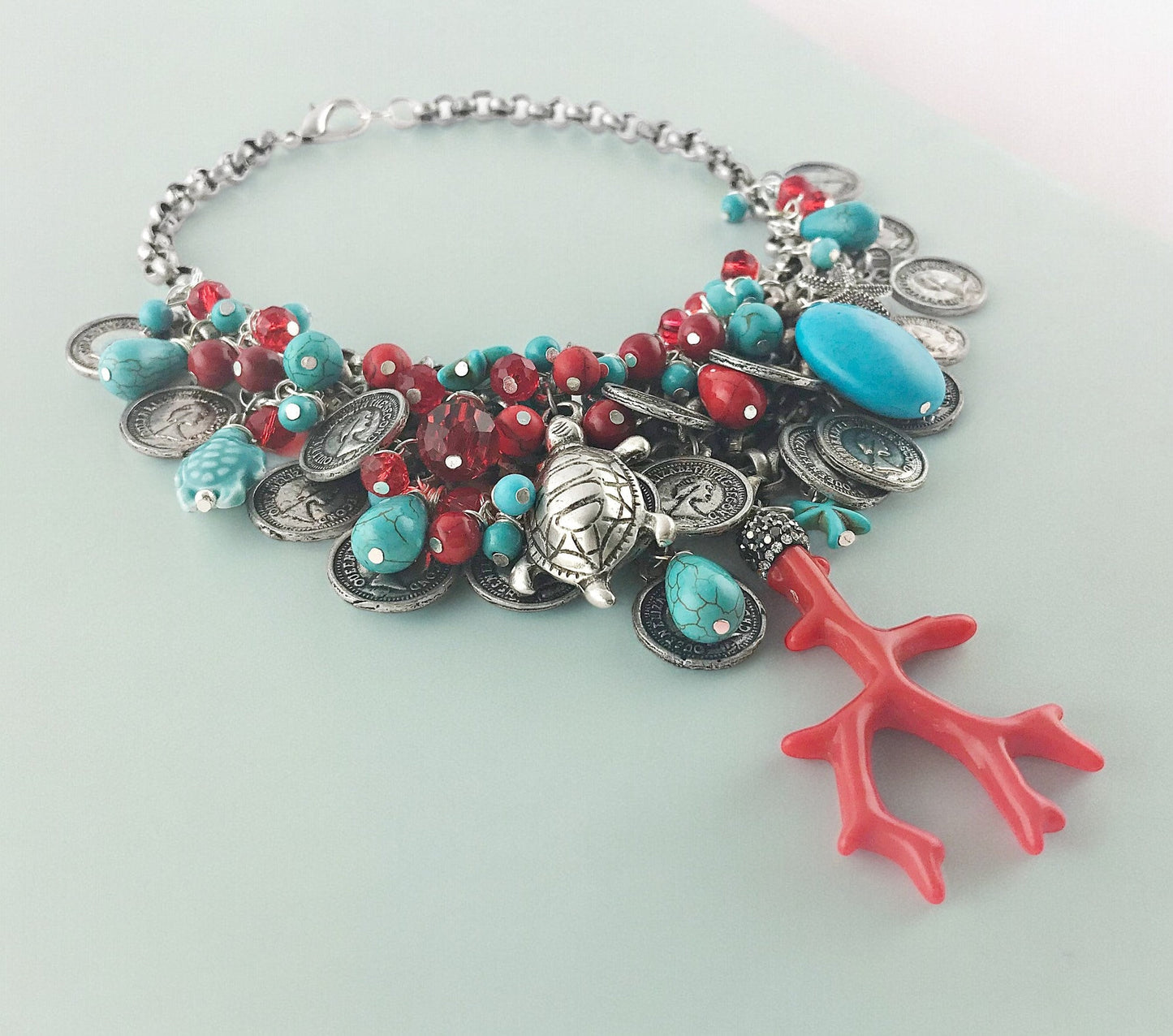 Luxurious Silver Coral Bay Boho Necklace | Multi-Strand Turquoise & Sea Life Statement Piece