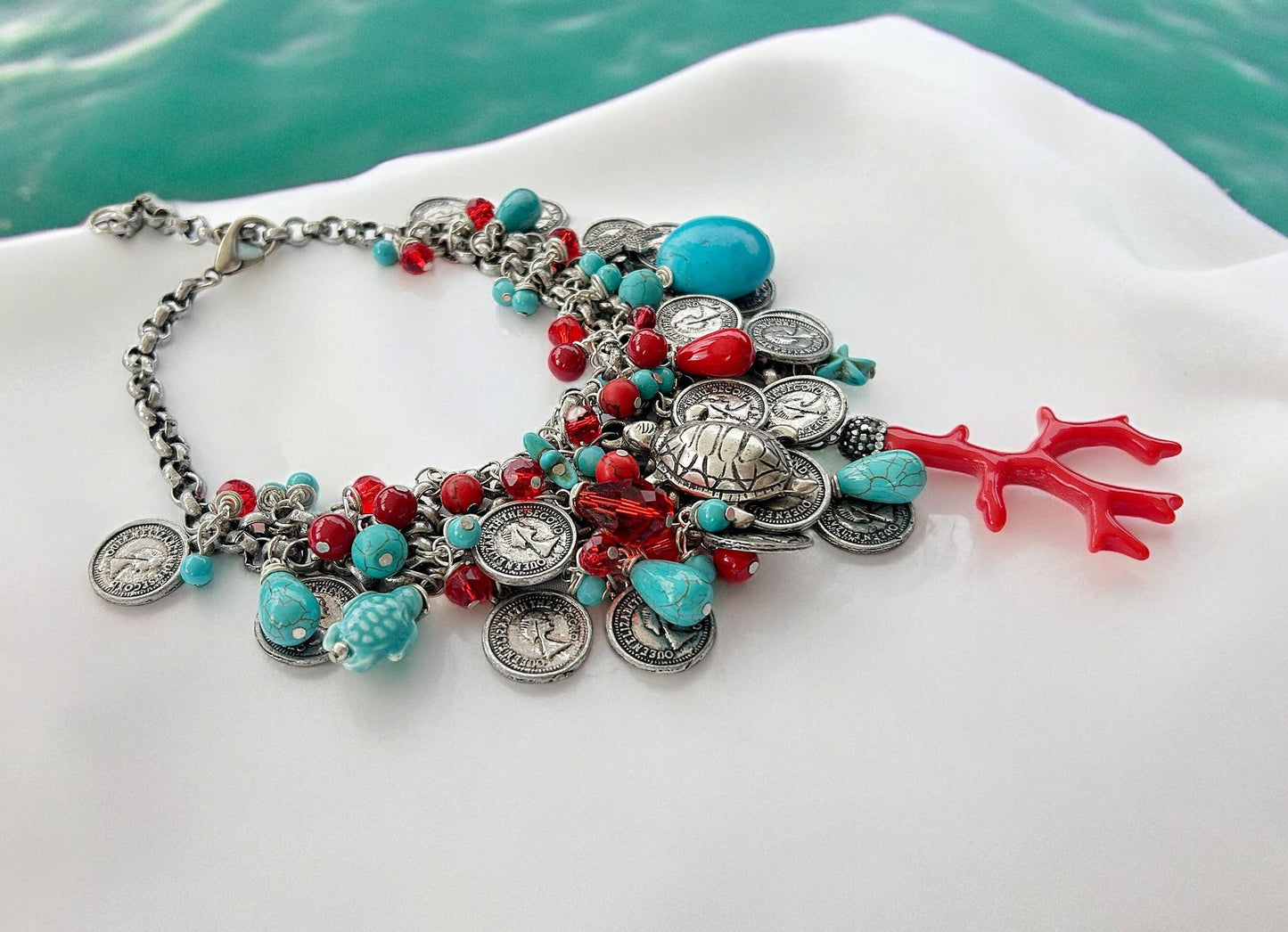 Luxurious Silver Coral Bay Boho Necklace | Multi-Strand Turquoise & Sea Life Statement Piece