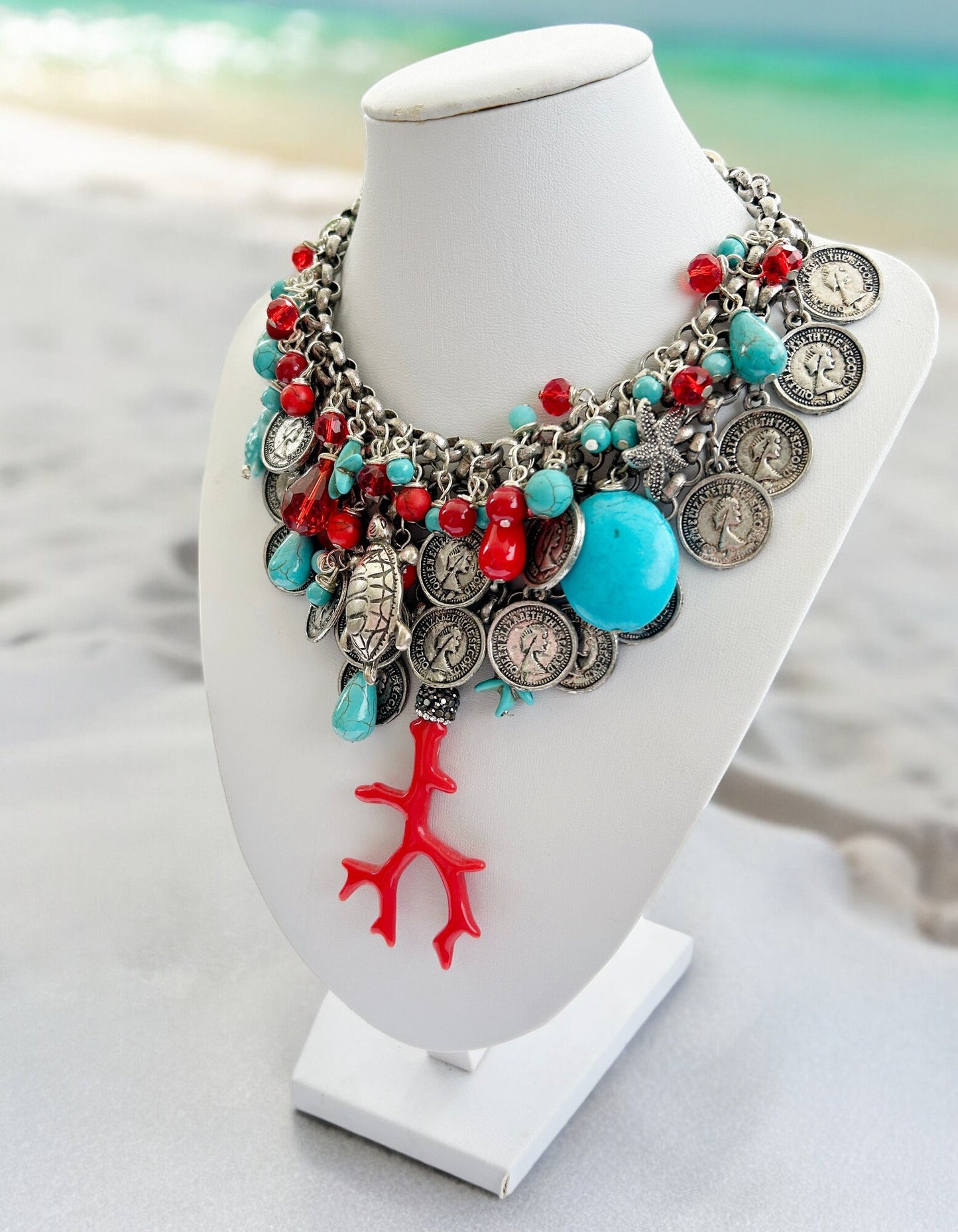 Luxurious Silver Coral Bay Boho Necklace | Multi-Strand Turquoise & Sea Life Statement Piece