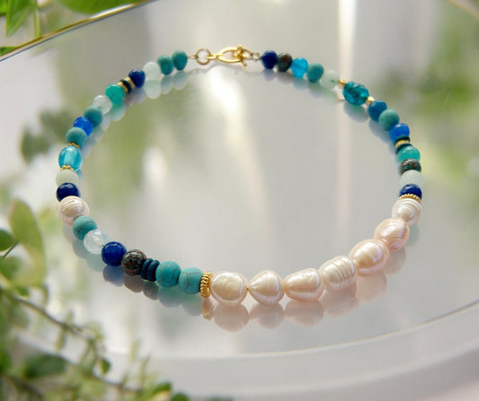 Sea Breeze Gold Pearl Necklace | Boho Gemstone Jewelry with Turquoise, Lapis Lazuli & Jade | Ibiza-Inspired Women's Necklace