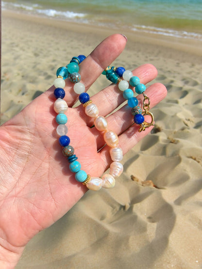 Sea Breeze Gold Pearl Necklace | Boho Gemstone Jewelry with Turquoise, Lapis Lazuli & Jade | Ibiza-Inspired Women's Necklace