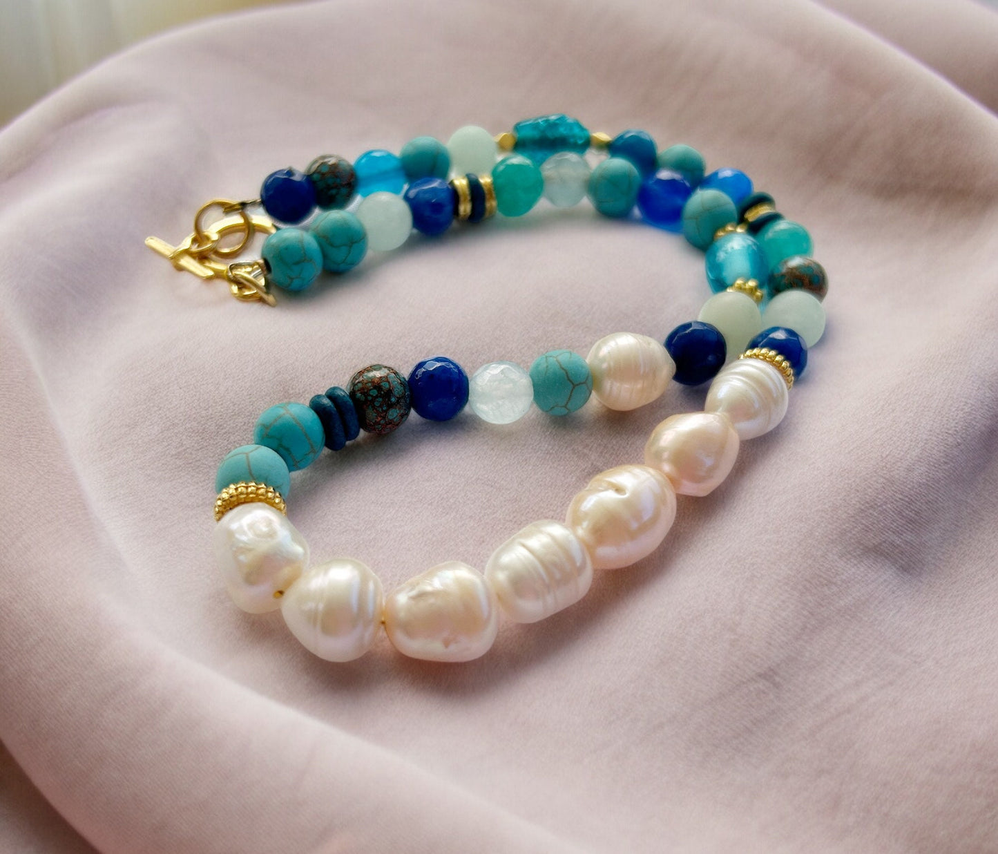 Sea Breeze Gold Pearl Necklace | Boho Gemstone Jewelry with Turquoise, Lapis Lazuli & Jade | Ibiza-Inspired Women's Necklace