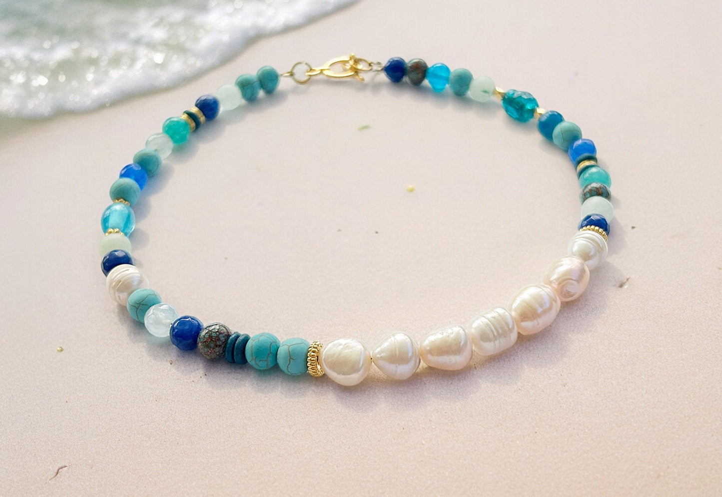 Sea Breeze Gold Pearl Necklace | Boho Gemstone Jewelry with Turquoise, Lapis Lazuli & Jade | Ibiza-Inspired Women's Necklace