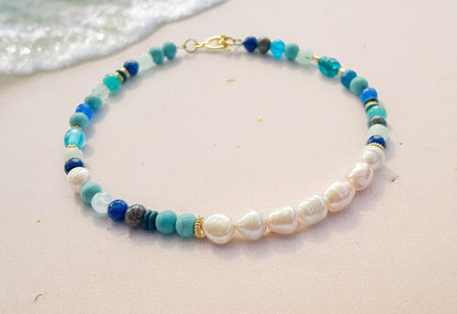 Sea Breeze Gold Pearl Necklace | Boho Gemstone Jewelry with Turquoise, Lapis Lazuli & Jade | Ibiza-Inspired Women's Necklace