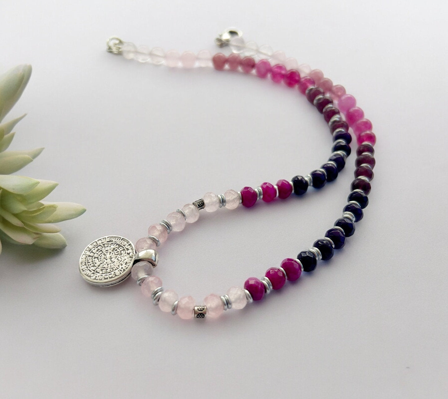 Boho Silver Coin Necklace with Ruby & Rose Quartz | Handcrafted Gemstone Ibiza Style Jewelry for Women