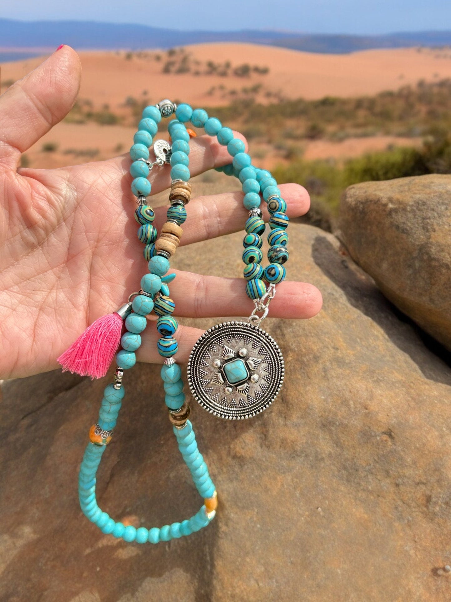 Desert Storm Turquoise Boho Necklace - Long Layered Ethno Ibiza Style Jewelry