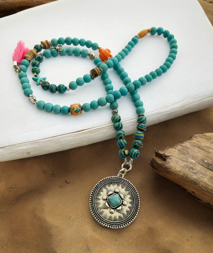 Desert Storm Turquoise Boho Necklace - Long Layered Ethno Ibiza Style Jewelry