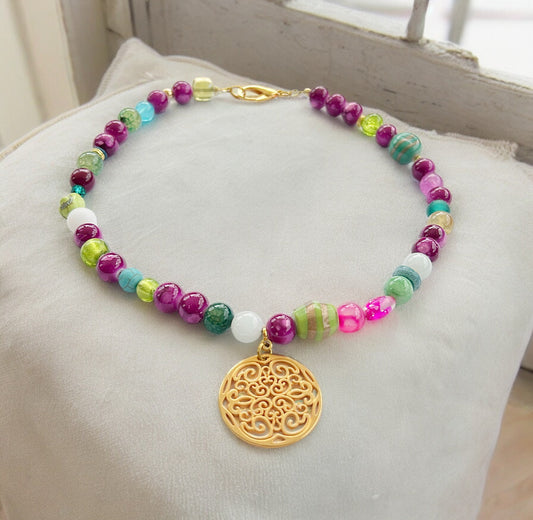 Ibiza Touch Boho Necklace: Gold Mandala Pendant with Turquoise, Jade & Agate | Bohemian Jewelry