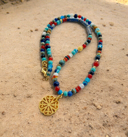 Desert Flower Gold Boho Necklace | Handcrafted Carnelian, Turquoise & Agate Beaded Jewelry for Women