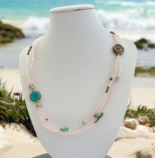 Layered Boho Sea Glass Necklace with Turquoise | Gold-Plated Ibiza-Style Jewelry