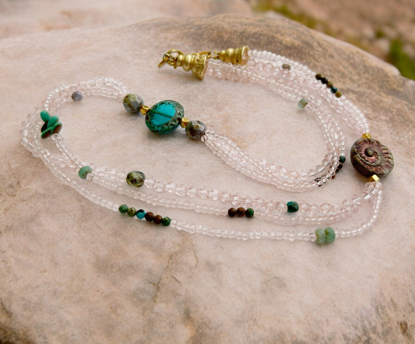 Layered Boho Sea Glass Necklace with Turquoise | Gold-Plated Ibiza-Style Jewelry