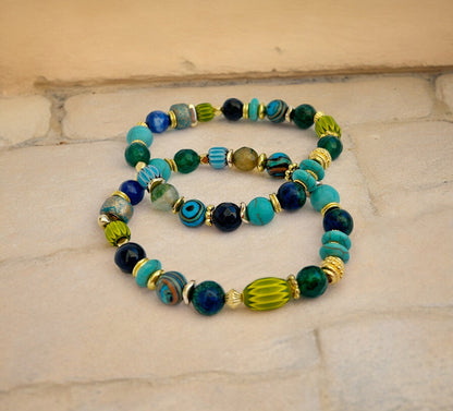 Colorful Gemstone Beaded Bracelet PARGA | Boho Gold Elastic Jewelry | Turquoise Malachite Lapis Lazuli