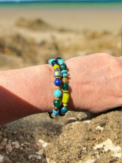 Colorful Gemstone Beaded Bracelet PARGA | Boho Gold Elastic Jewelry | Turquoise Malachite Lapis Lazuli