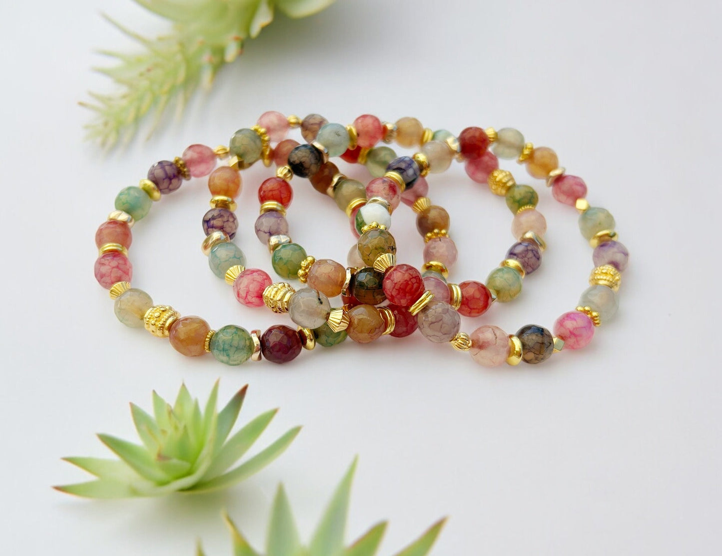 Fire Agate Beaded Bracelet | Gold Plated Boho Jewelry | Colorful Gemstone Elastic Arm Candy