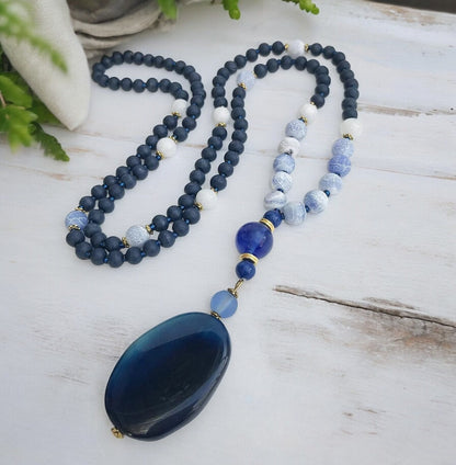 Shania Blue Gold Bohemian Beaded Necklace | Handcrafted Gemstone Pendant | Ibiza Inspired Jewelry