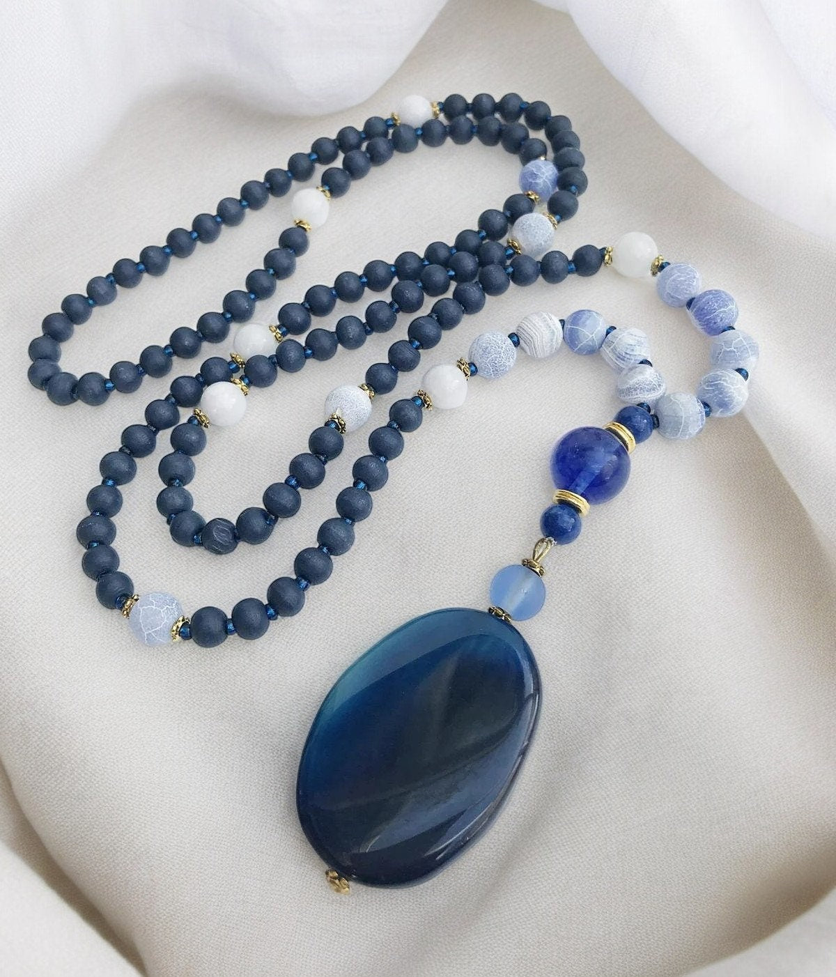 Shania Blue Gold Bohemian Beaded Necklace | Handcrafted Gemstone Pendant | Ibiza Inspired Jewelry