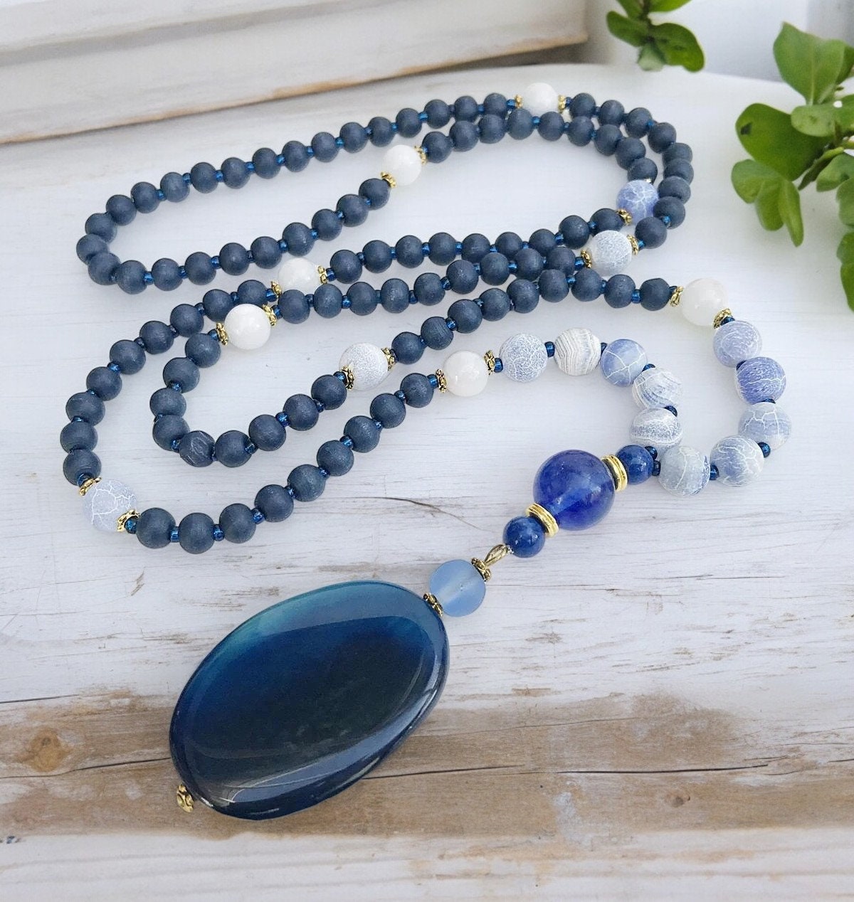 Shania Blue Gold Bohemian Beaded Necklace | Handcrafted Gemstone Pendant | Ibiza Inspired Jewelry