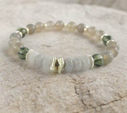 Elegant Grey Beaded Bracelet for Men | Boho Agate and Jade Jewelry | Handcrafted Stretch Wristband