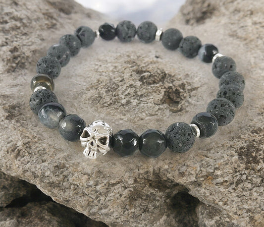 Skull Beaded Bracelet | Unisex Boho Lava Stone Jewelry | Men's & Women's Elastic Gemstone Wristband