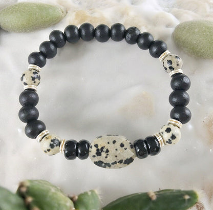 LEON Men's Beaded Bracelet | Boho Style Jasper and Wood Unisex Wristband | Black and Gray