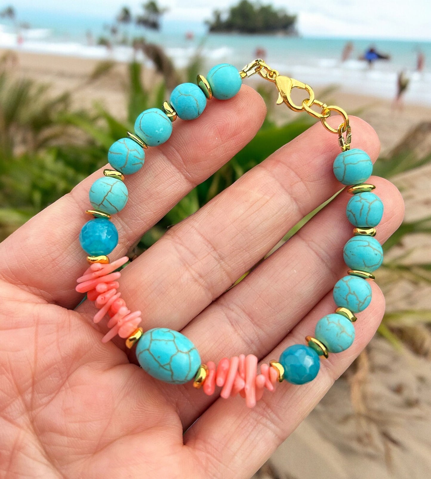 Coral Sea Turquoise Beaded Bracelet | Gold-Plated Boho Jewelry | Handmade Gemstone Accessory