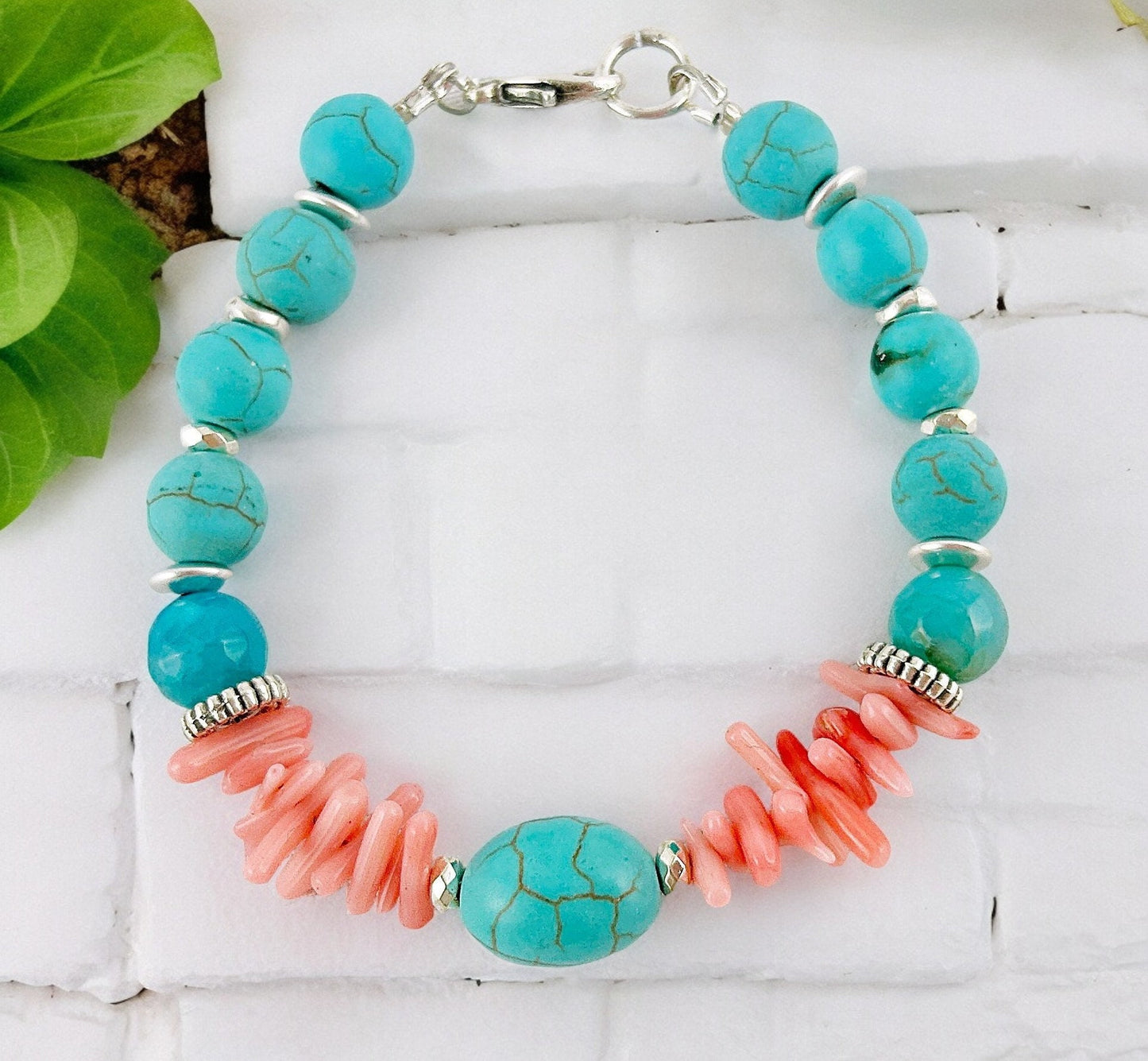 Turquoise and Coral Beaded Bracelet | Boho Style Silver Gemstone Jewelry | Ibiza-Inspired Coral Sea Collection