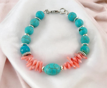 Turquoise and Coral Beaded Bracelet | Boho Style Silver Gemstone Jewelry | Ibiza-Inspired Coral Sea Collection