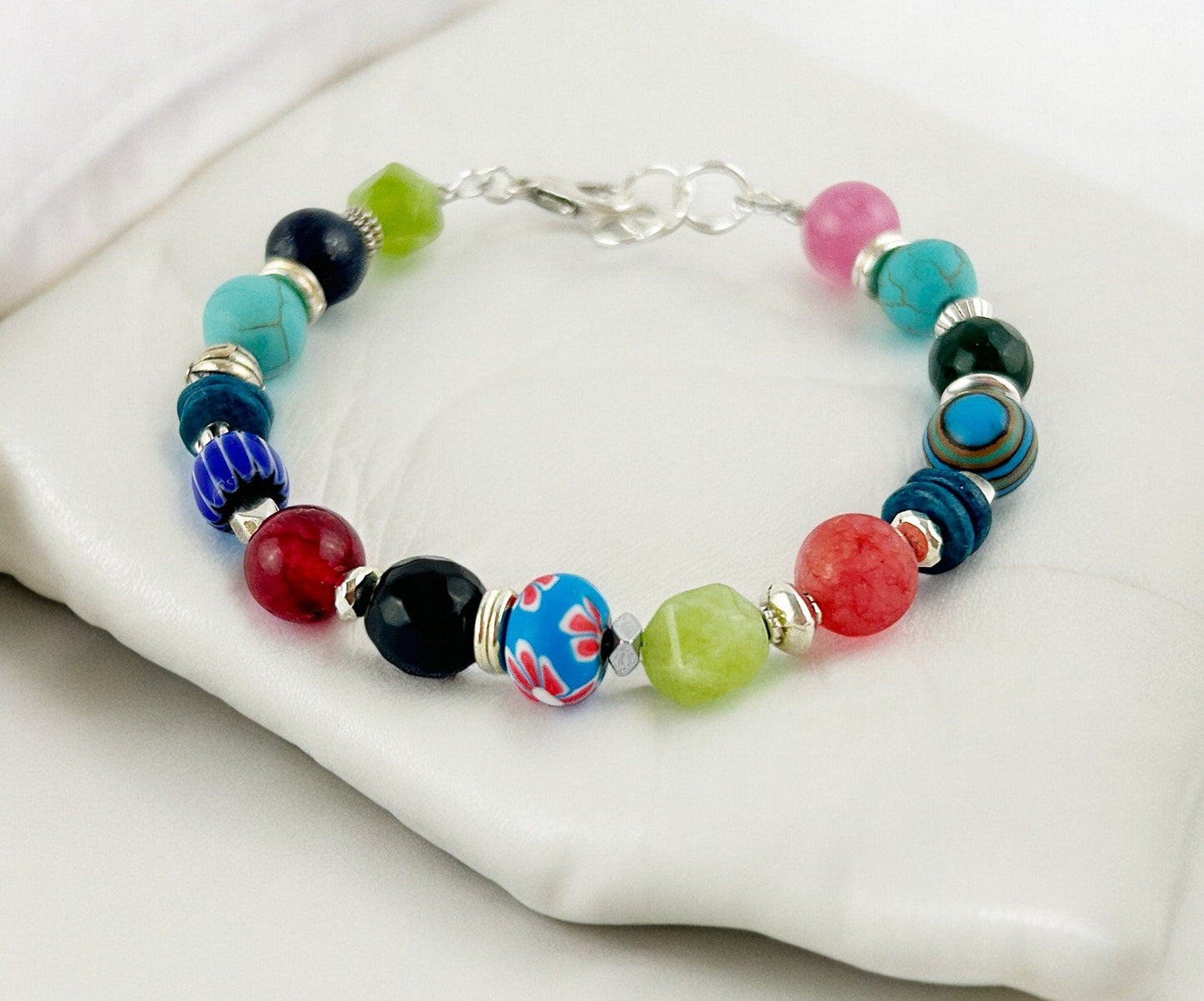 Colorful Gemstone Bracelet DIANA | Boho Style | Silver Multi-Stone Jewelry with Turquoise, Malachite, Peridot