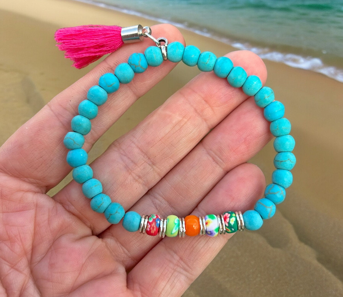 Turquoise Sea Boho Beaded Bracelet | Silver & Pink Tassel | Bohemian Ibiza Style Jewelry