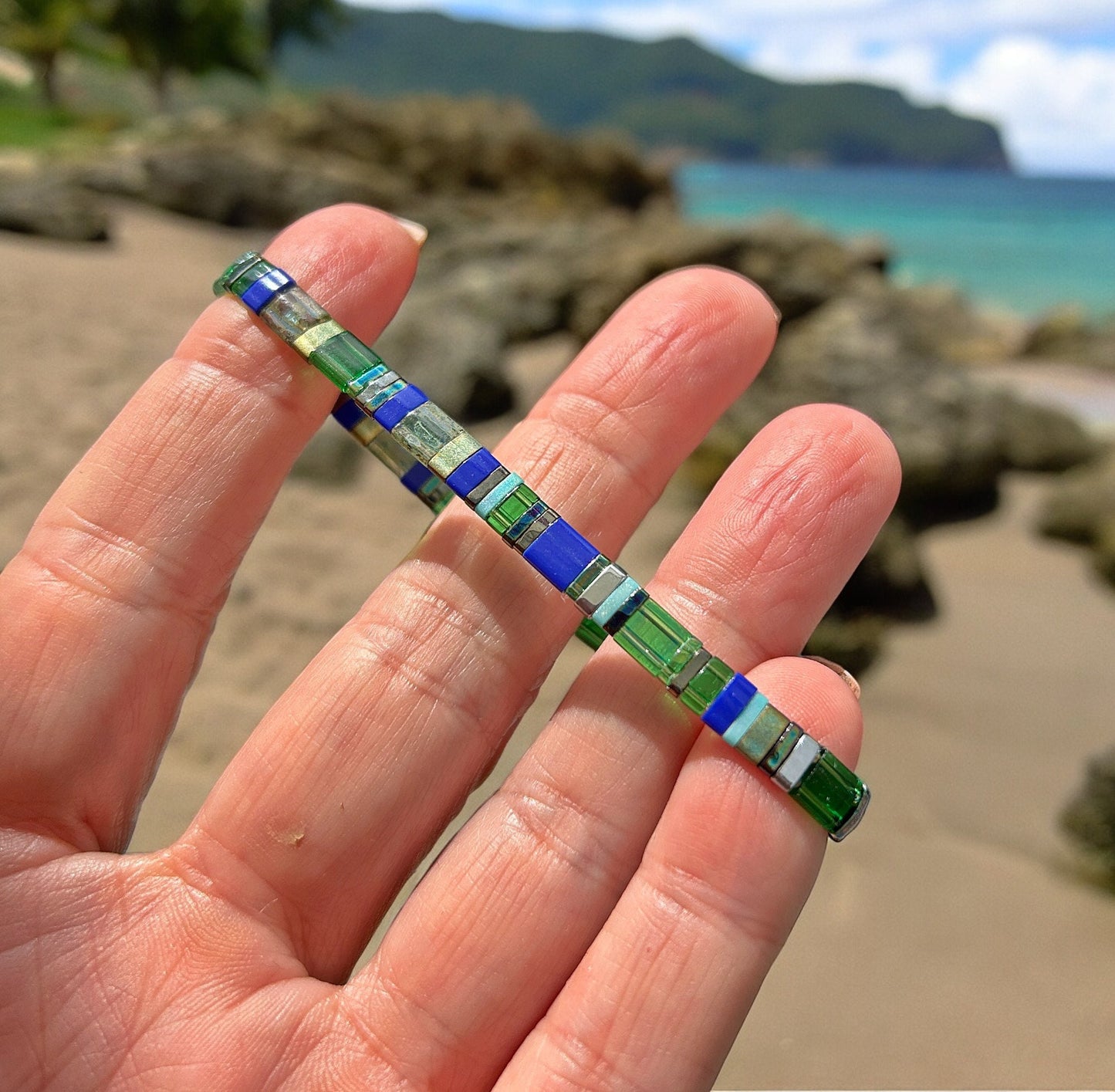 Delicate Boho Beaded Bracelet CORNWALL | Miyuki Beads | Silver Blue Green | Ibiza Style Jewelry