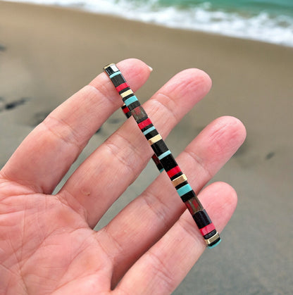 Geometric Beaded Bracelet | Boho Ibiza Jewelry | Gold Black Turquoise Red | Slim Bangle for Women