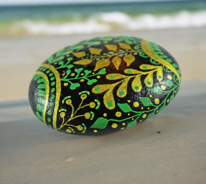 Hand-Painted Baltic Sea Stone | Black Floral Boho Decor | Unique Paperweight | Lucky Charm