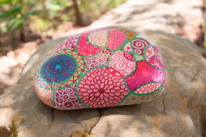 Handpainted Etruscan Stone Paperweight | Boho Beach Pebble Art | Pink & Green Geometric Decor