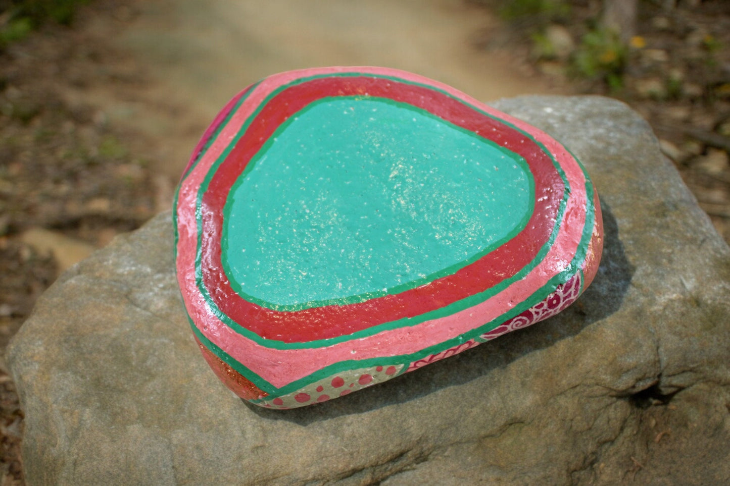 Handpainted Etruscan Stone Paperweight | Boho Beach Pebble Art | Pink & Green Geometric Decor