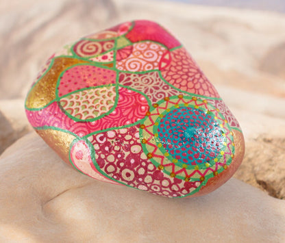 Handpainted Etruscan Stone Paperweight | Boho Beach Pebble Art | Pink & Green Geometric Decor